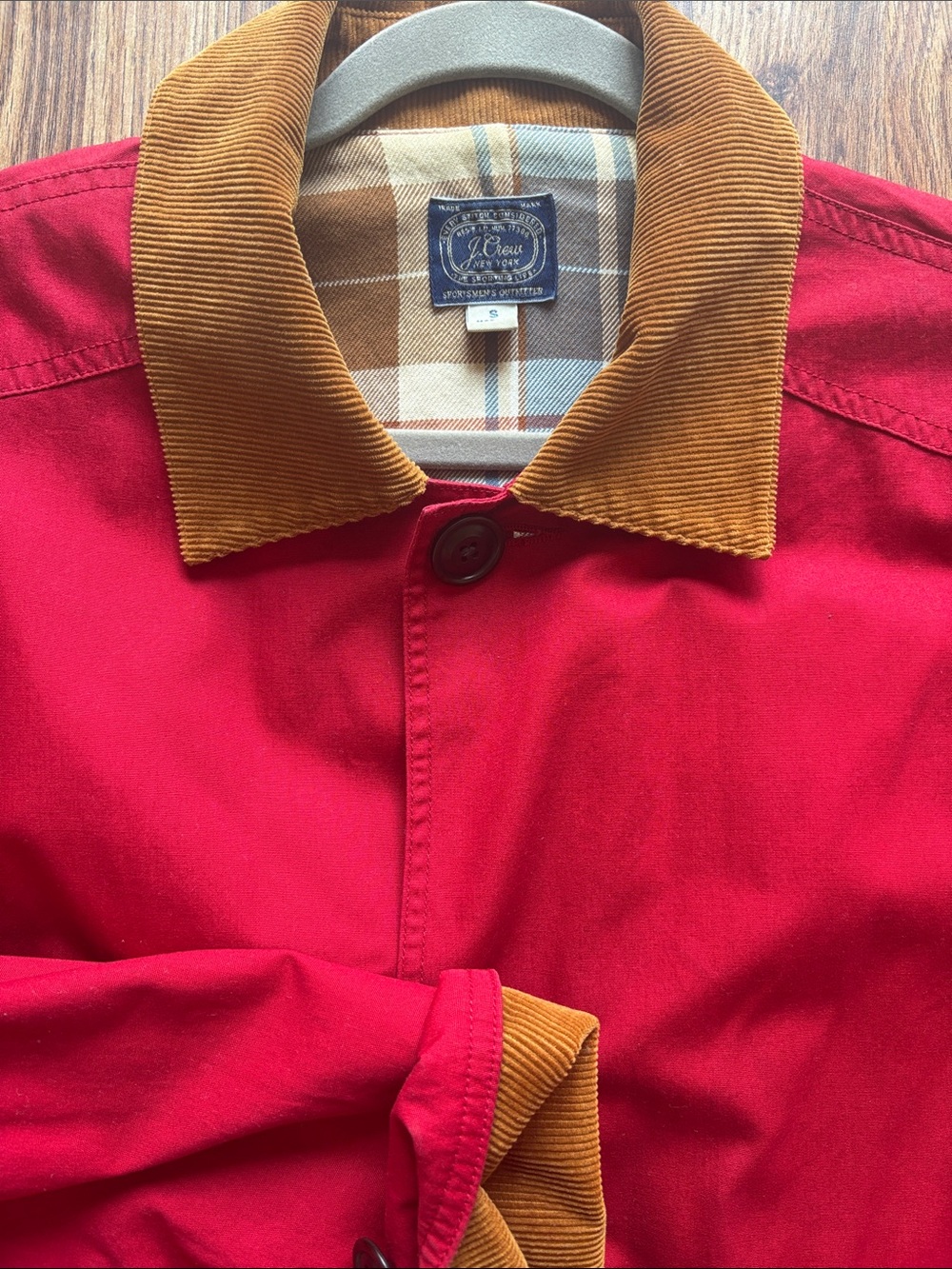 J.Crew Men's Red Lightweight Cotton-Blend Jacket with corduroy collar. - Picture 2 of 4